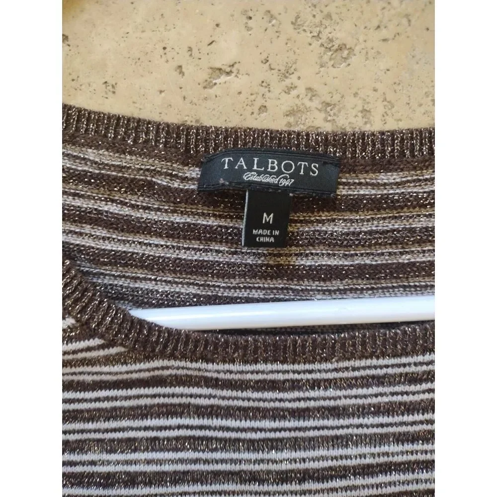 TALBOTS Blouse Woman Medium Gray Metallic Striped Linen Blen 3/4 Sleeves Knit‎
